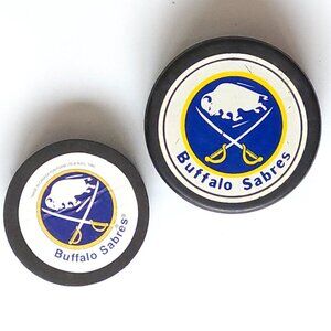 RETRO BUFFALO SABRES Hockey Pucks NHL One Standard Puck and one soft foam puck